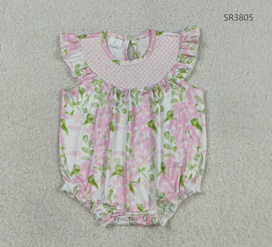 Baby Girls Infant Short Sleeves Embroidery Plaid Pink Flower Bubble Romper RTS