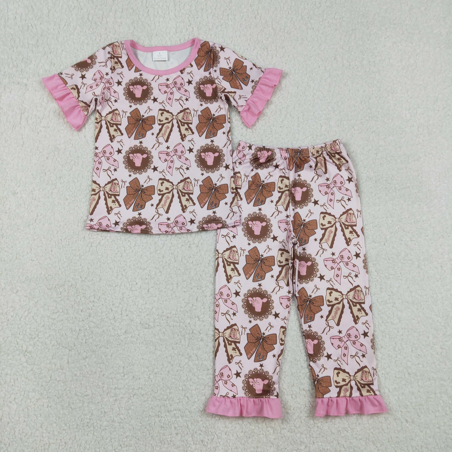 Baby Girls Short Sleeves Bows Boots Shirt Pants Western Pajamas Set