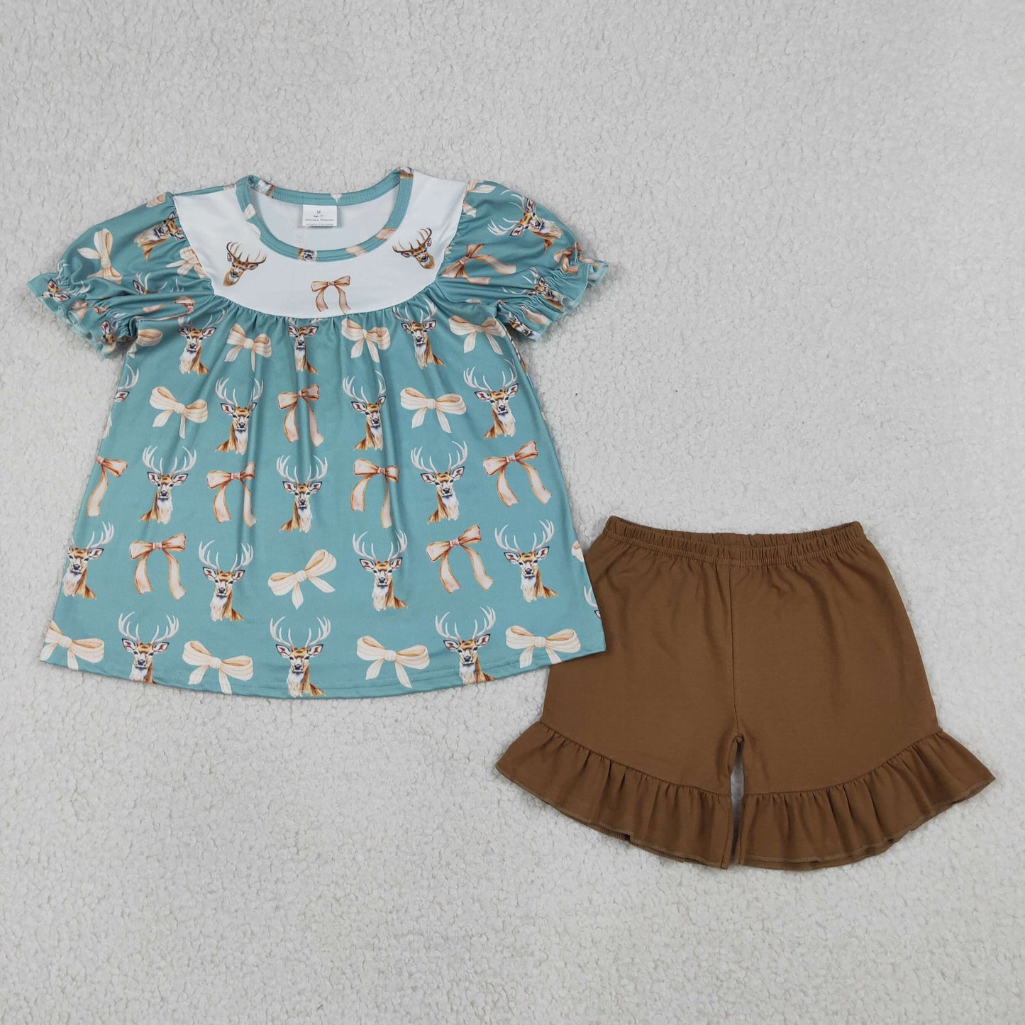 RTS Baby Girls Kids Short Sleeves Deer Bows Tunic Brown Ruffle Shorts Hunting Set
