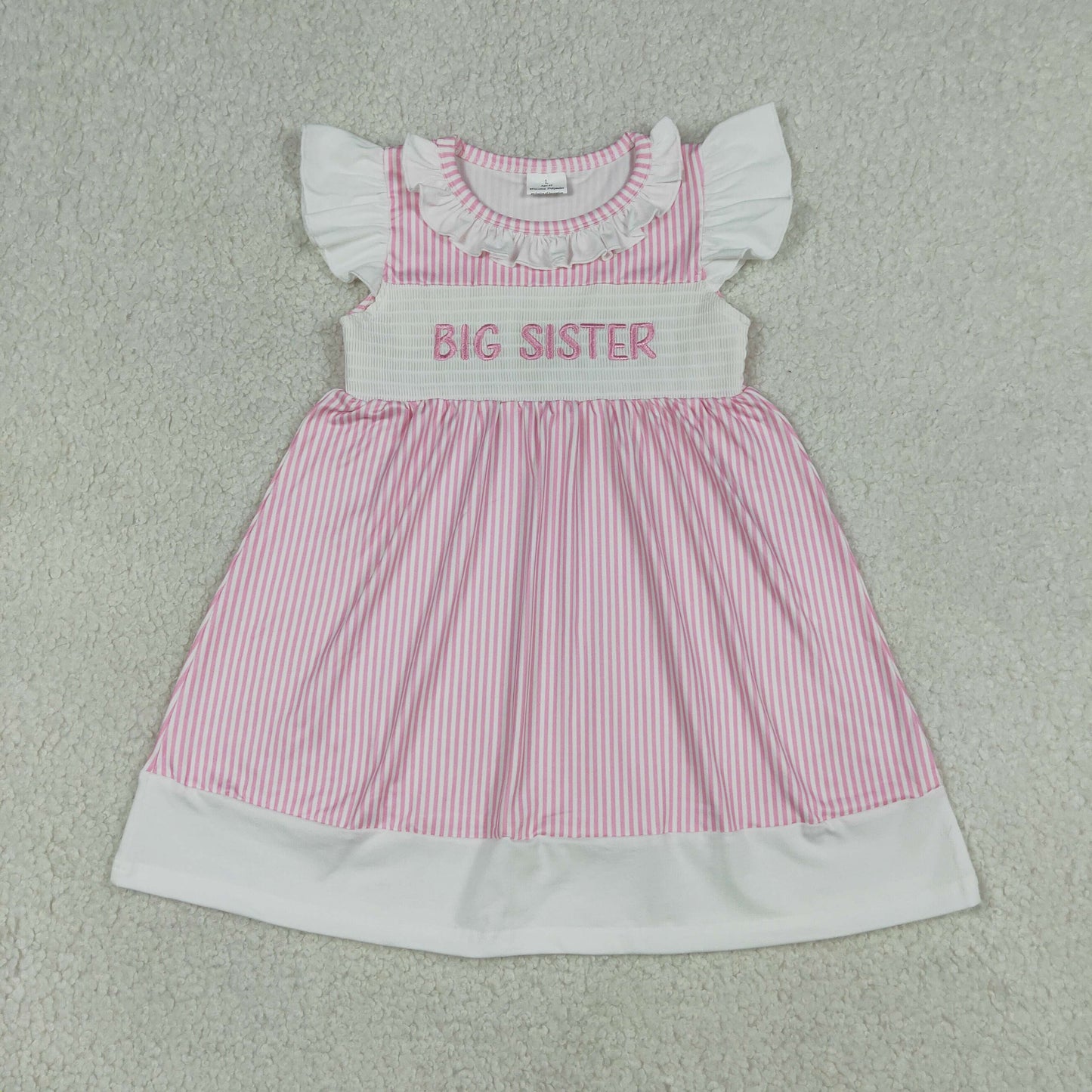 Baby Girls Short Sleeves Embroidery Smocked Big Sister Pink Stripes Knee Length Dress