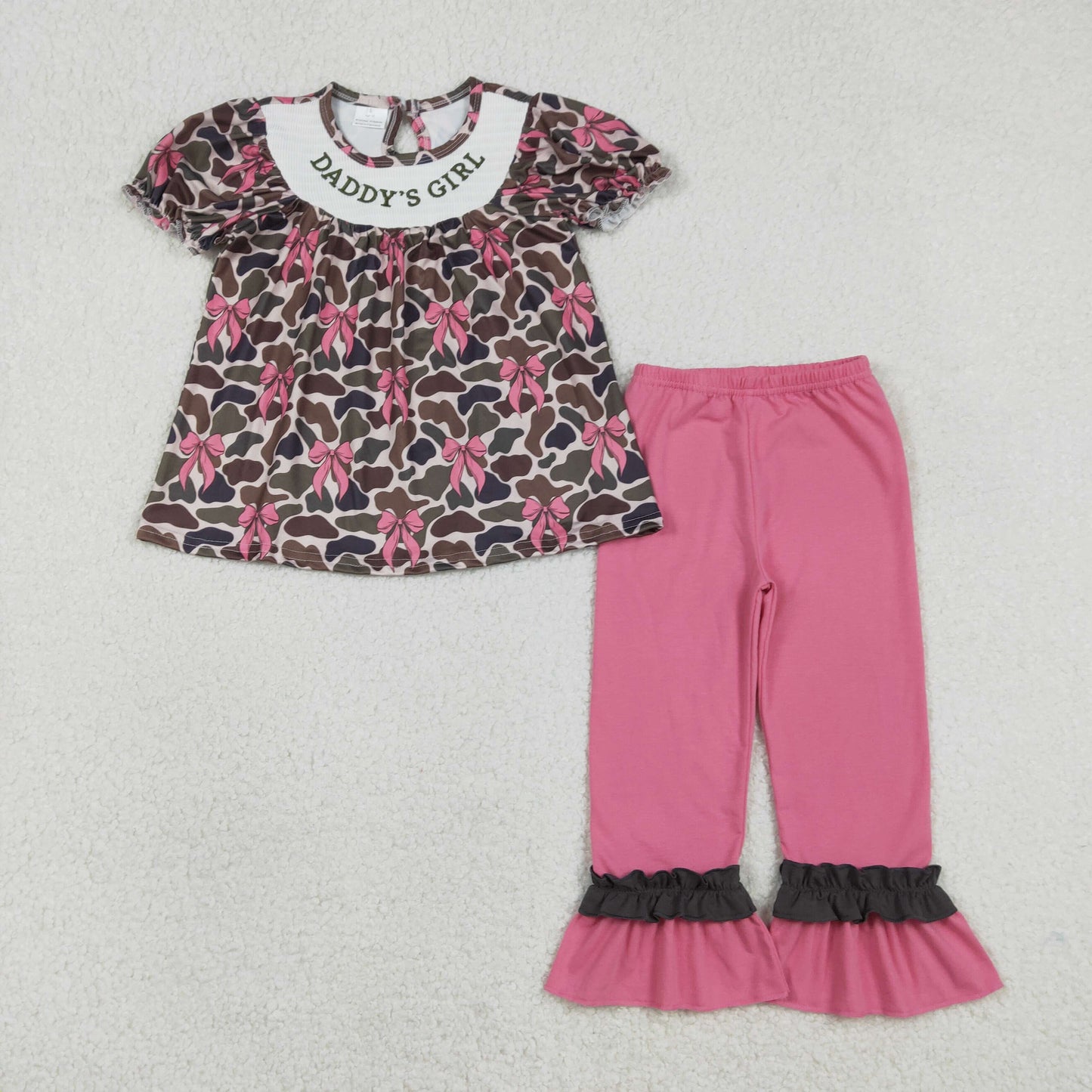 Baby Kids Toddler Embroidery Smocked Daddy's Girl Camo Bows Tunic Pink Pants Set