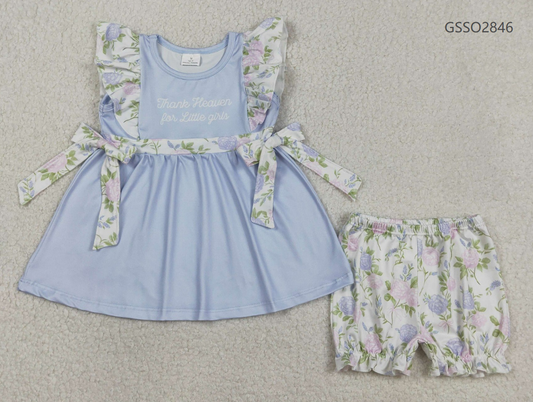 RTS Baby Girls Kids Thank Heaven Bows Blue Tunic Floral Shorts Clothes Set