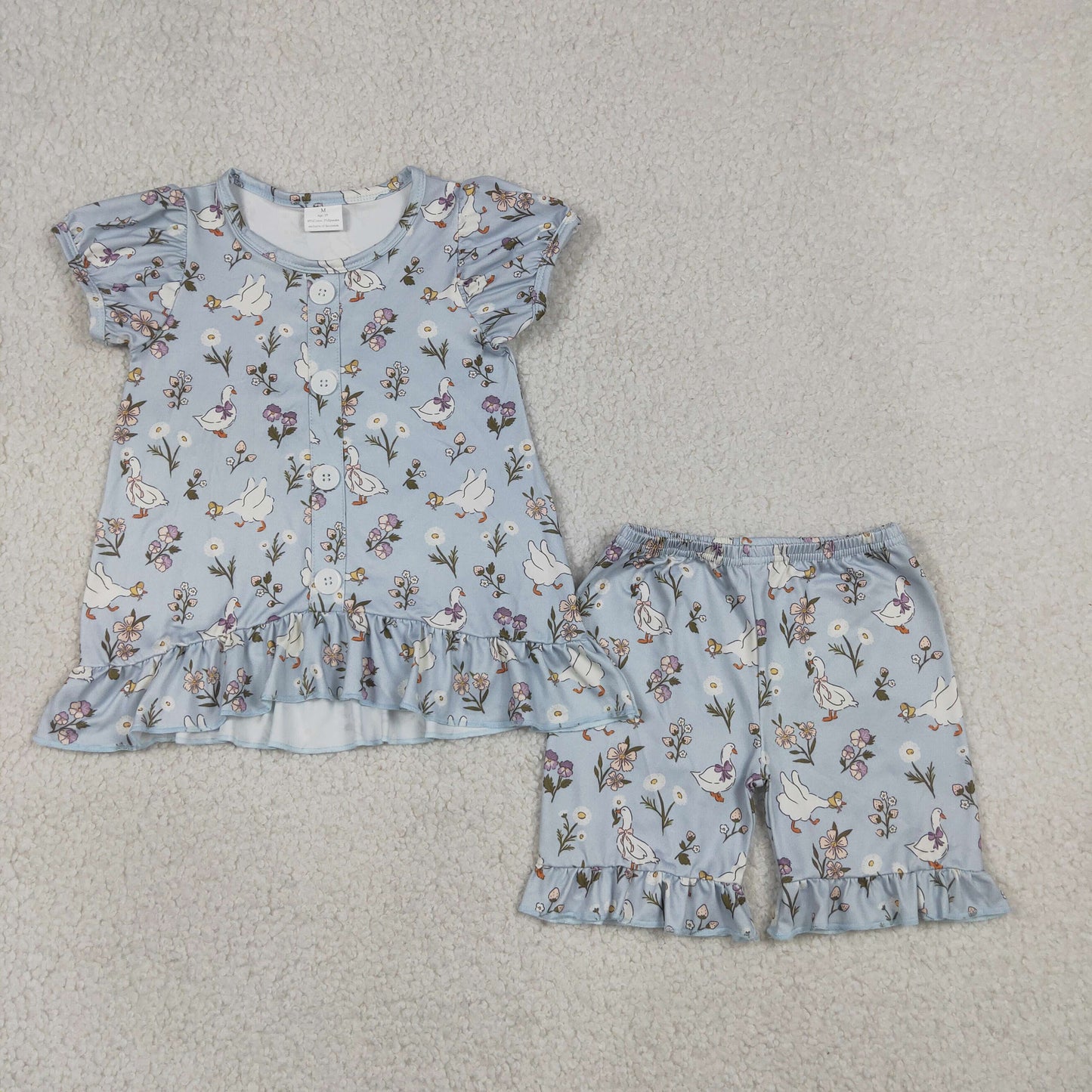 Baby Girls Kids Short Sleeves Flower Goose Tops Ruffle Shorts Set Clothes