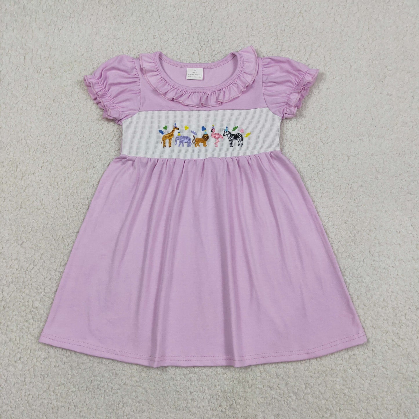 Baby Girls Kids Short Sleeves Embroidery Smocked Animals Purple Knee Length Dress
