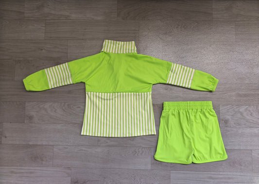 No moq Preorder Baby Girls Kids Green Stripes Zipper Pullover Shorts Yoga Active Set Clothes
