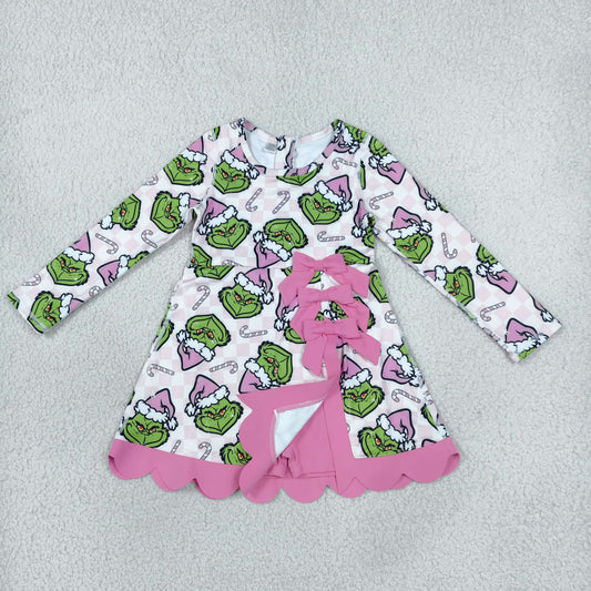 Baby Girls Kids Long Sleeves Christmas Green Face Bows Scallop Dress Yoga Active Clothes