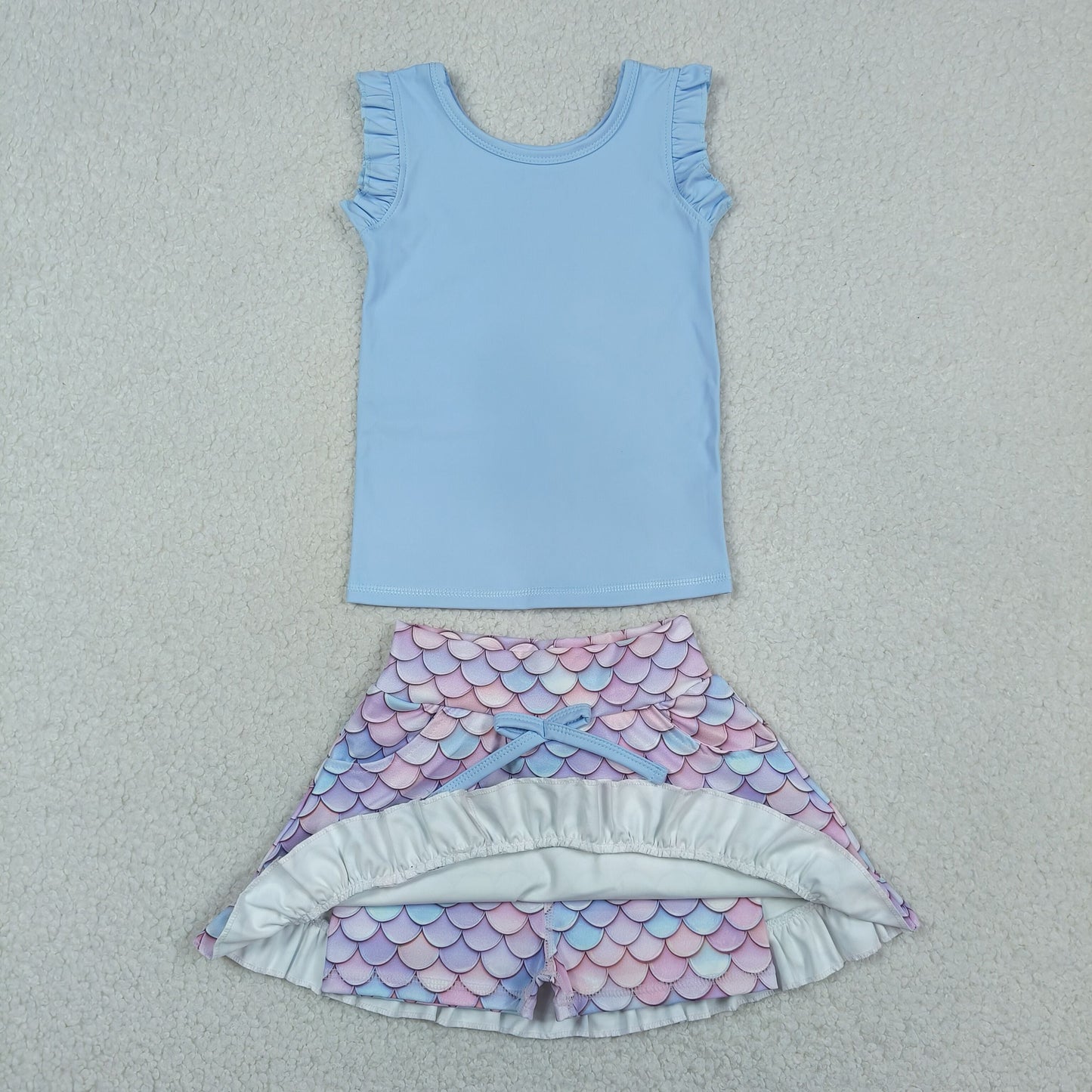 Baby Girls Kids Blue Tops Pockets Scallop Skirt Shorts Yoga Clothes Summer Set