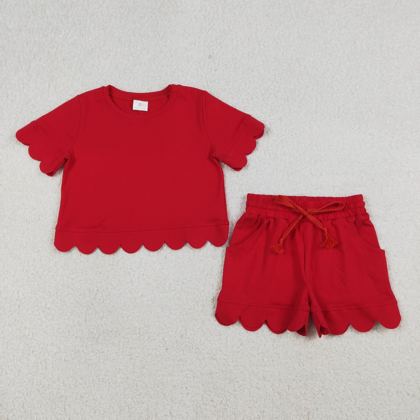 RTS Baby Girls Kids Short Sleeves Red Shirt Scallop Shorts Summer Clothes Set