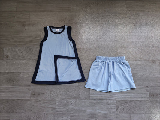 No moq Preorder Baby Girls Kids Sleeveless Built-in Shorts Blue Dress Clothes