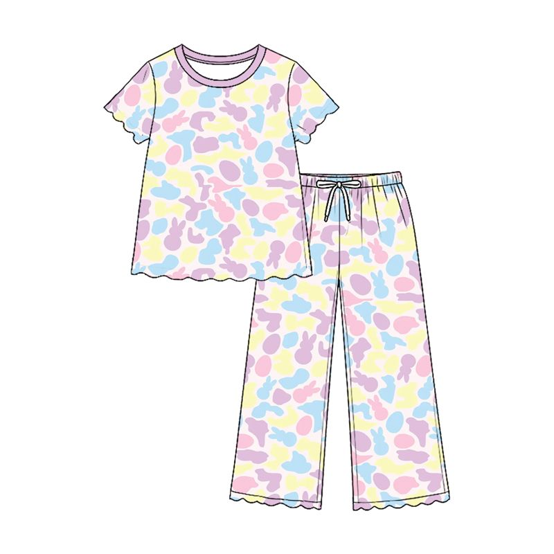 Moq 5 Preorder Baby Girls Kids Rabbits Camo Shirt Scallop Pants Easter Set Clothes