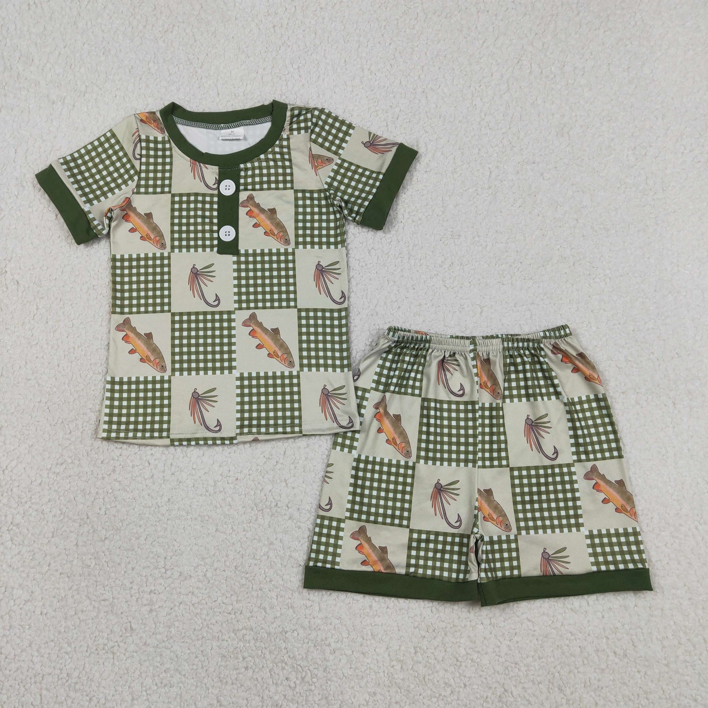 Baby Boys Kids Short Sleeves Fish Plaid Buttons Shirt Shorts Pajamas Set