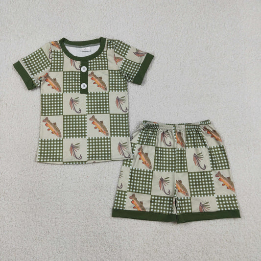 Baby Boys Kids Short Sleeves Fish Plaid Buttons Shirt Shorts Pajamas Set