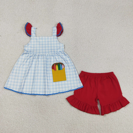 RTS Sibling Baby Boys Girls Embroidery Pencil Plaid Tops Shorts Back to School Sets