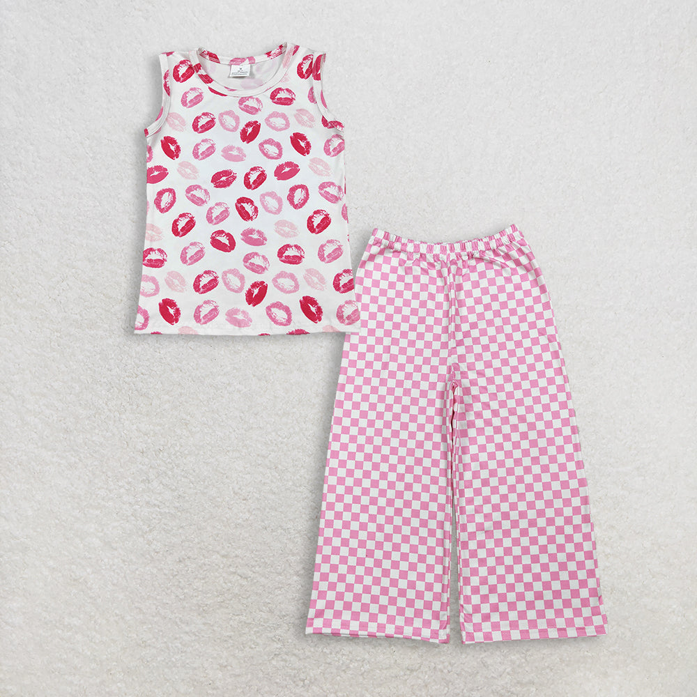 RTS Baby Girls Kids Sleeveless Mouths Shirt Pink Plaid Pants Clothes Set
