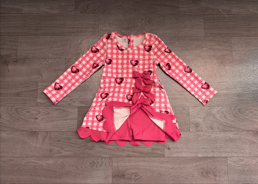 No moq Preorder Baby Girls Kids Hearts Plaid Bows Valentine Scallop Dress Yoga Active Clothes