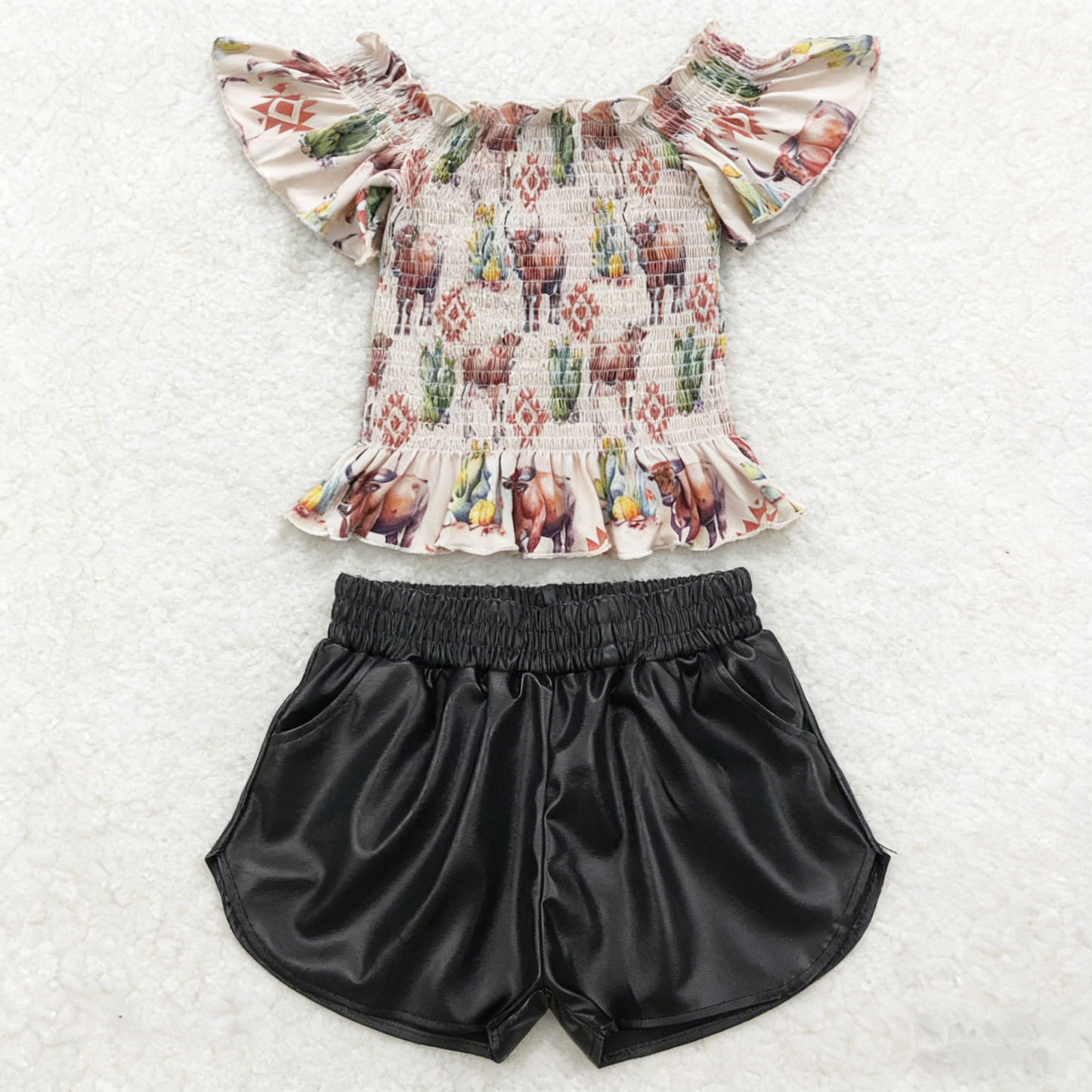 RTS Baby Girl Kids Short Sleeves Cow Cactus Tops Black Leather Shorts Set Western Clothes