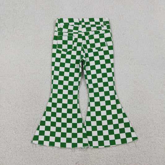 RTS Girls Girls Kids Green Checkered Denim Bell Pants Jeans Bottoms