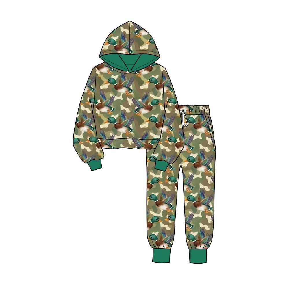 Moq 5 Preorder Baby Boys Kids Ducks Camo Hoodie Pullover Pockets Pants Green Set Clothes