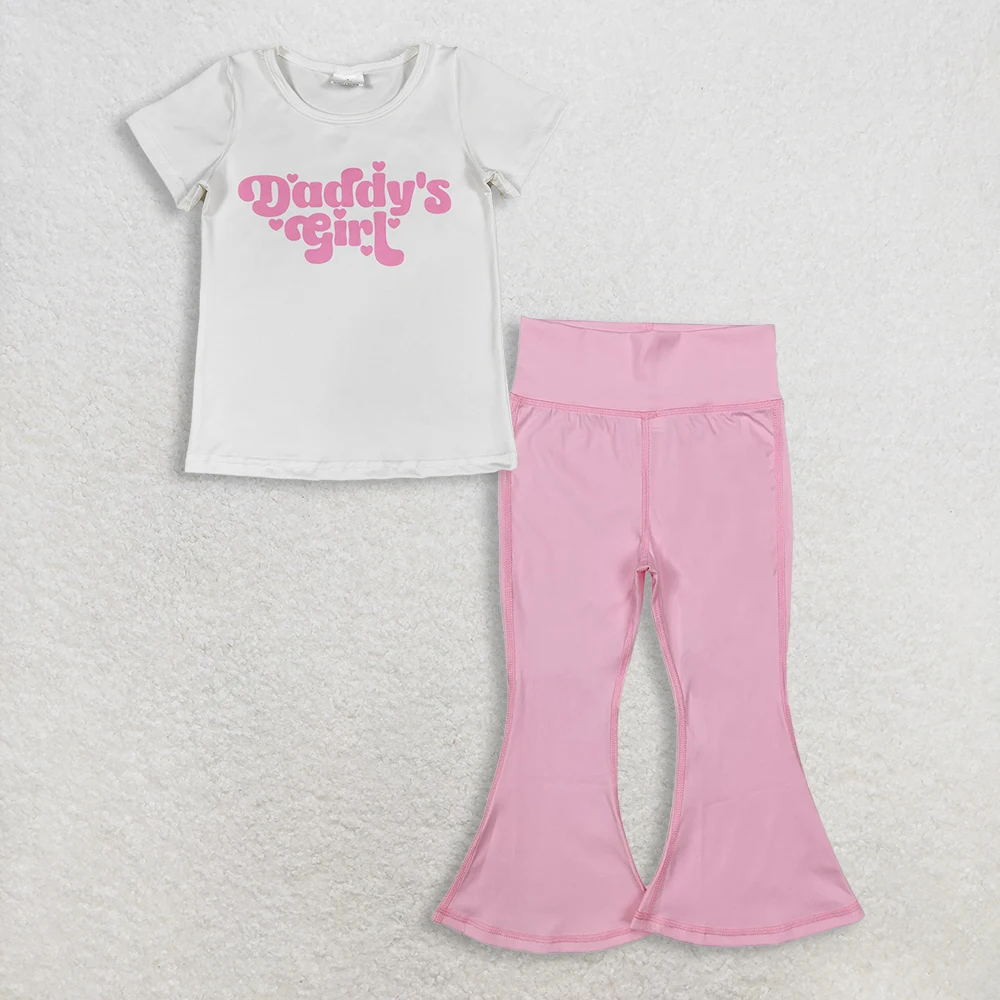 RTS Baby Girl Kids Short Sleeves Daddy's Shirt Pink Bell Pants Set Clothes