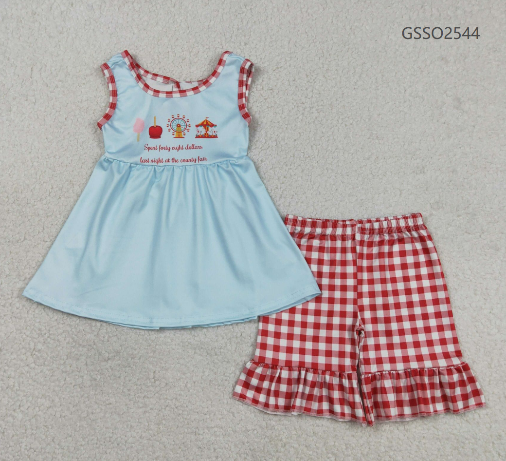 Baby Girls Kids Sleeveless Blue Tunic Red Plaid Ruffle Shorts Set RTS