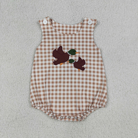 Baby Boys Kids Sleeveless Embroidery Ducks Plaid Bubble Romper