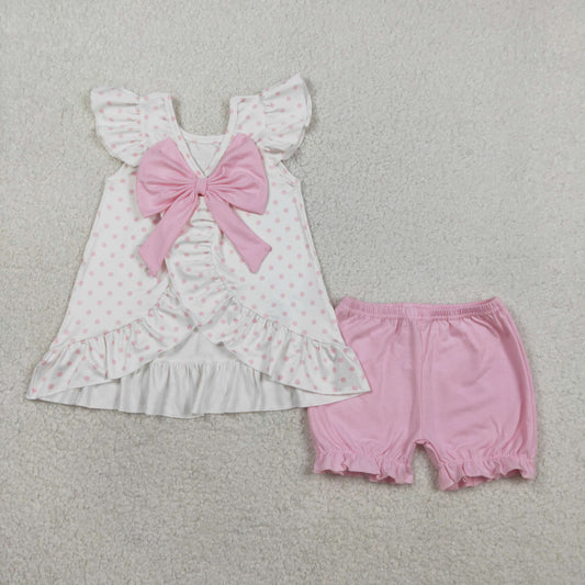 RTS Baby Girls Kids Short Sleeves Cross Dots Bows Tunic Pink Shorts Easter Clothes Set