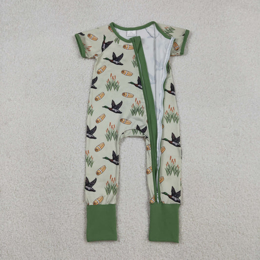 Baby Boys Short Sleeves Ducks Green Zipper Sleeper Hunting Romper