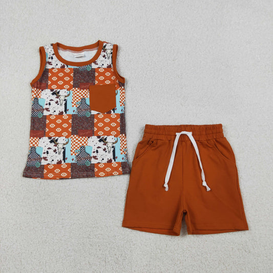 RTS Sibling Baby Boys Western Cow Print Aztec Plaid Shirt Pockets Shorts Clothes Set Romper