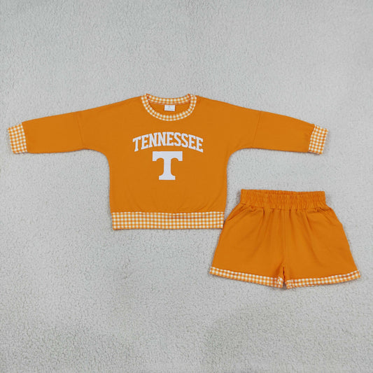 Baby Girls Kids Long Sleeves Orange Shirt Shorts Cotton Set Team Clothes