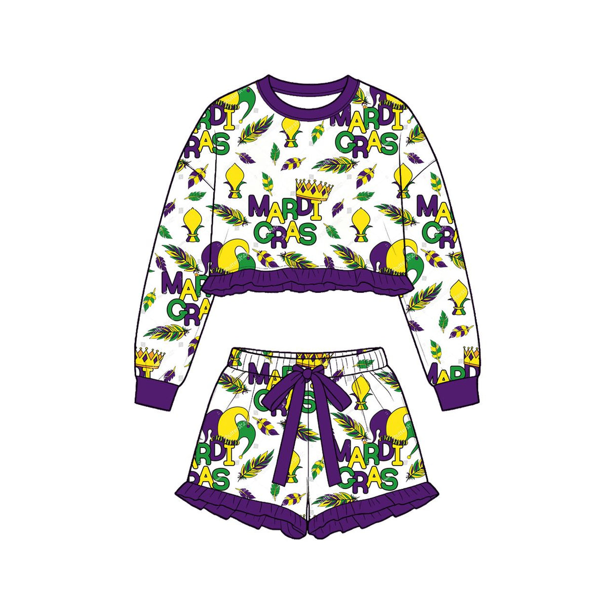 Moq 5 Preorder Baby Girls Kids Long Sleeves Hats Shirt Shorts Set Mardi Gras Clothes