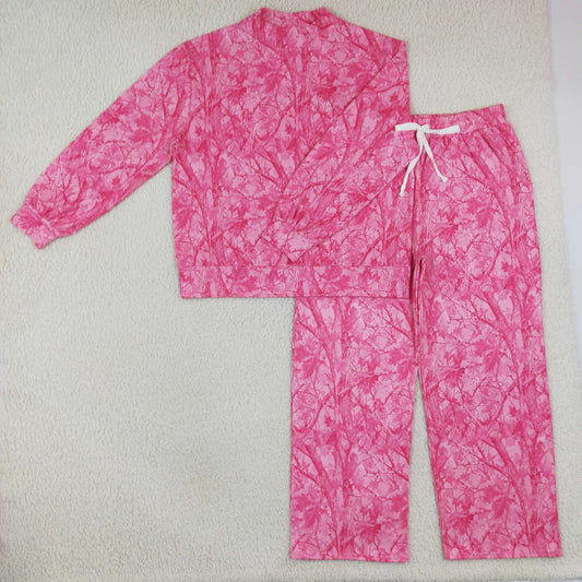 Adult Women Long Sleeves Leaves Shirt Camo Pants Pink Set Mock Neck Clothes RTS