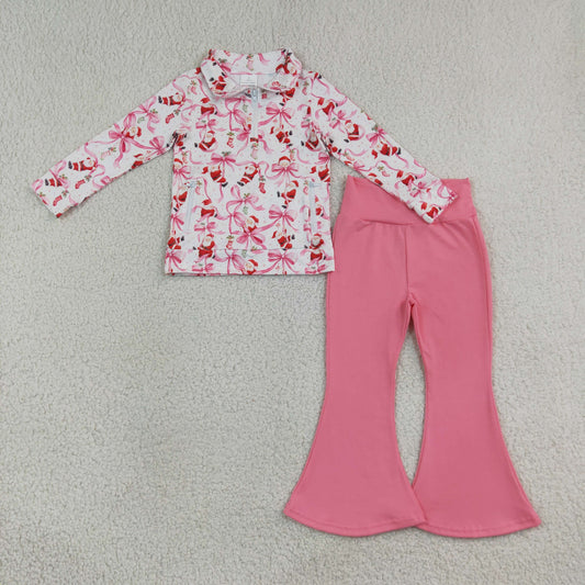 Baby Girls Kids Christmas Santa Bows Zipper Pockets Tops Pink Pants Set Clothes