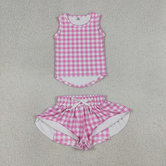 RTS Baby Girls Kids Sleeveless Pink Plaid Tops Shorts Set Yoga Active Clothes