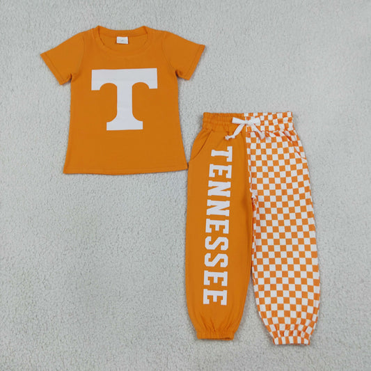 Baby Boys Kids Short Sleeves Orange Cotton Shirt Checked Pockets Pants Team Set Clothes