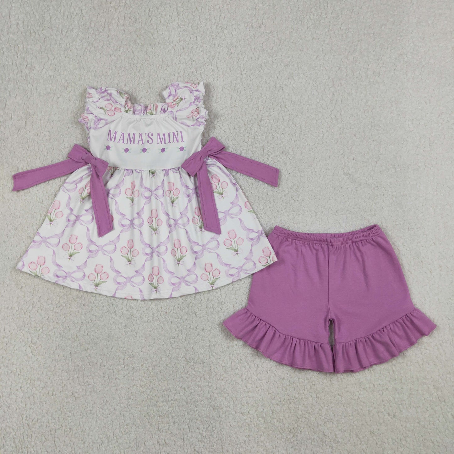 Baby Girl Short Sleeves Mama's Mini Flower Bows Tunic Purple Shorts Set