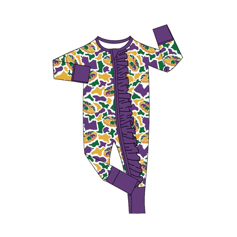 Moq 5 Preorder Baby Girls Kids Donuts Camo Print Mardi Gras Zipper Footie Sleeper Romper Clothes
