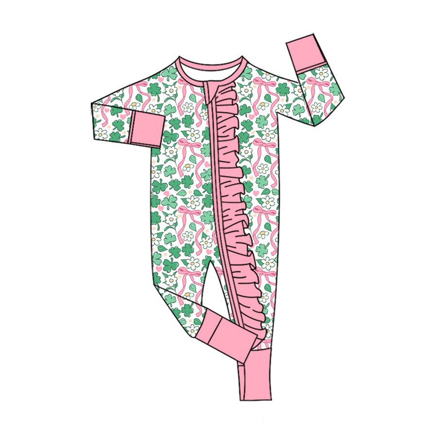 Moq 5 Preorder Baby Boys Kids Clovers Flower Bows St Patrick Zipper Footie Romper Clothes