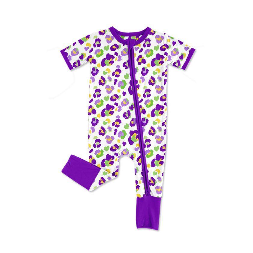 Moq 5 Preorder Baby Girls Infant Leopard Mardi Gras Footie Sleeper Zipper Romper Clothes