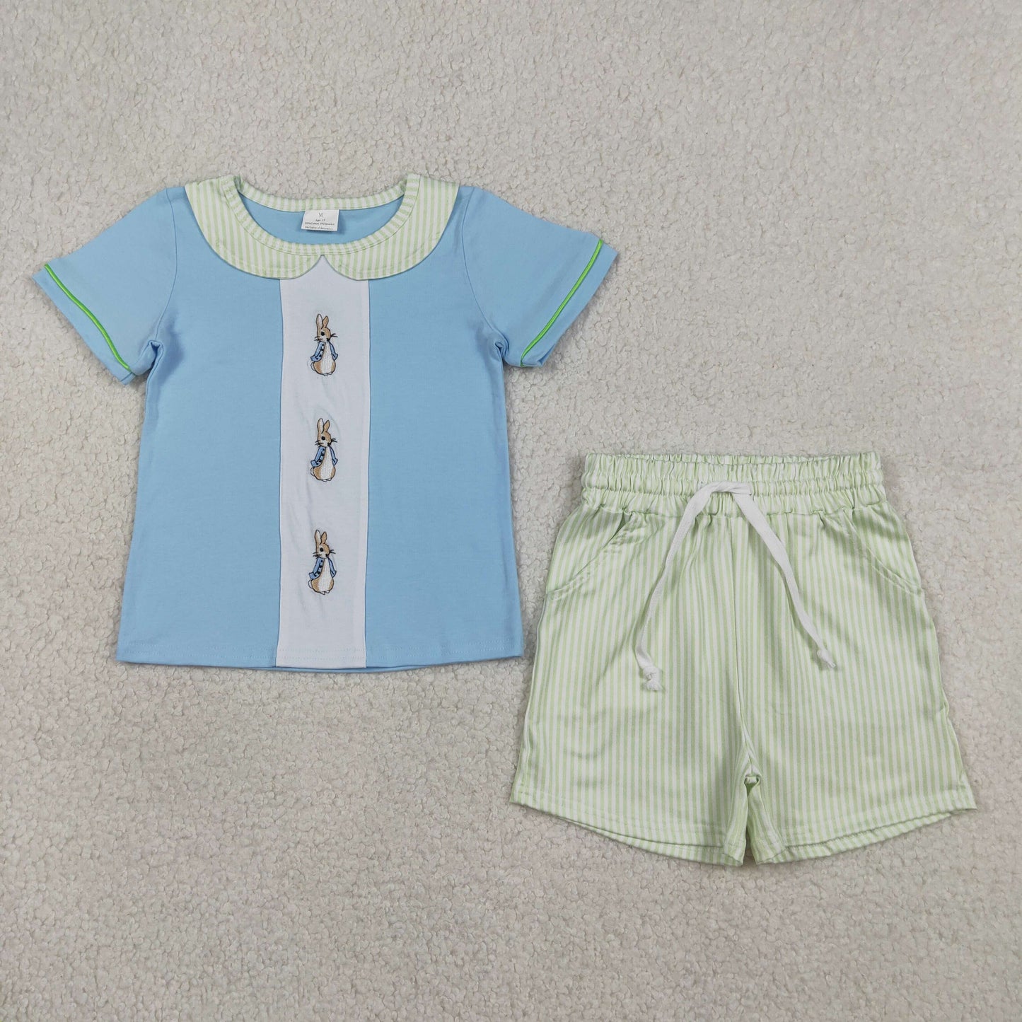 RTS Baby Boys Kids Short Sleeves Embroidery Rabbits Shirt Pockets Stripes Shorts Easter Set
