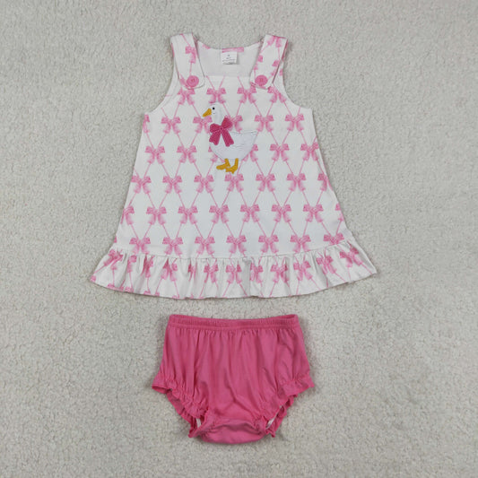 Sibling Baby Girls Toddler Sleeveless Embroidery Goose Bows Tops Bummie Shorts Sets