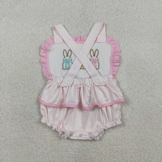 RTS Baby Girls Infant Straps Embroidery Rabbits Easter Ruffle Romper