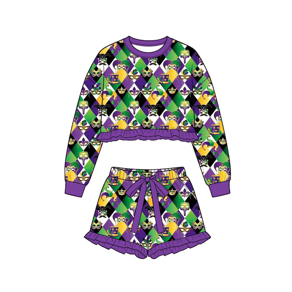 Moq 5 Preorder Baby Girls Kids Long Sleeves Masks Checked Shirt Shorts Set Mardi Gras Clothes