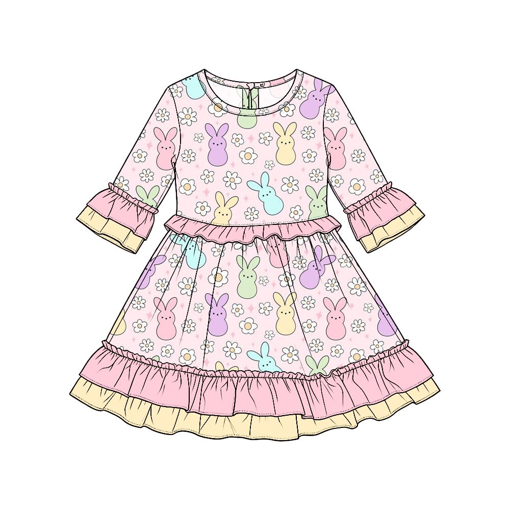 Moq 5 Preorder Baby Girls Kids Long Sleeves Rabbits Flower Easter Ruffle Dress Clothes