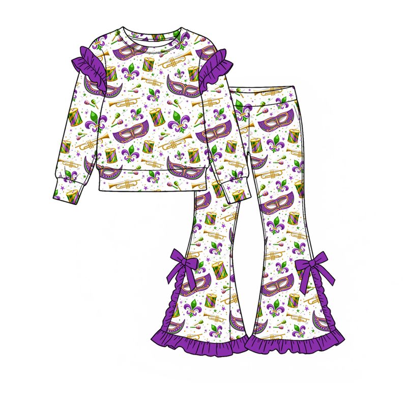 Moq 5 Preorder Baby Girls Kids Flower Masks Tops Bows Pants Set Mardi Gras Clothes