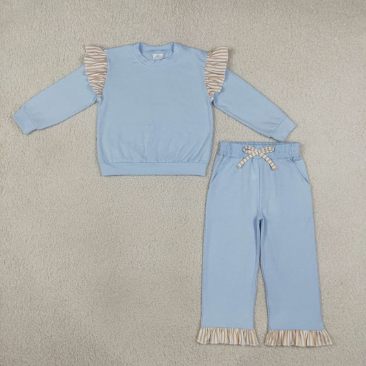 Baby Girls Kids Long Sleeves Ruffle Tops Pockets Pants Cotton Set Blue Clothes