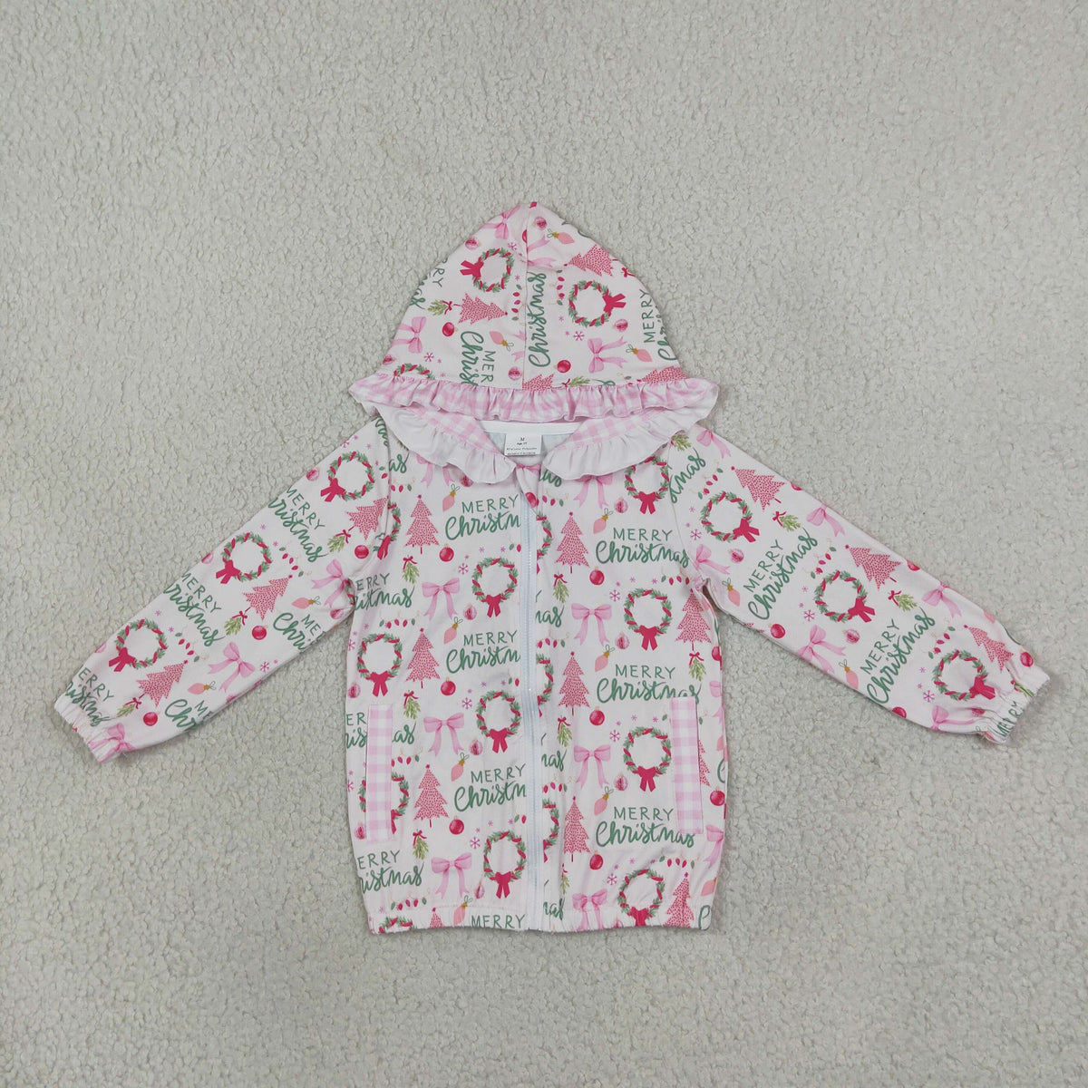 Baby Girl Kids Christmas Tree Bows Pockets Zipper Hoodie Jacket Coat Pink Tops RTS