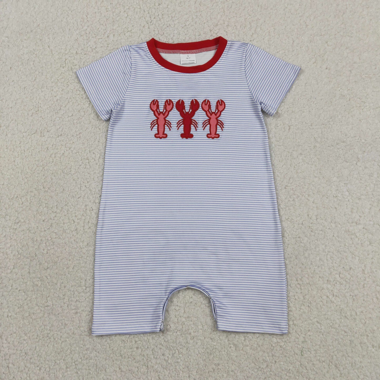 Baby Boys Infant Short Sleeves Embroidery Crayfish Blue Stripes Romper