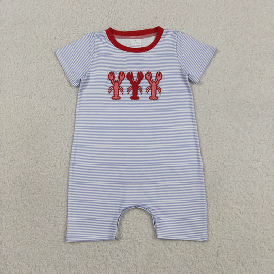 Baby Boys Infant Short Sleeves Embroidery Crayfish Blue Stripes Romper