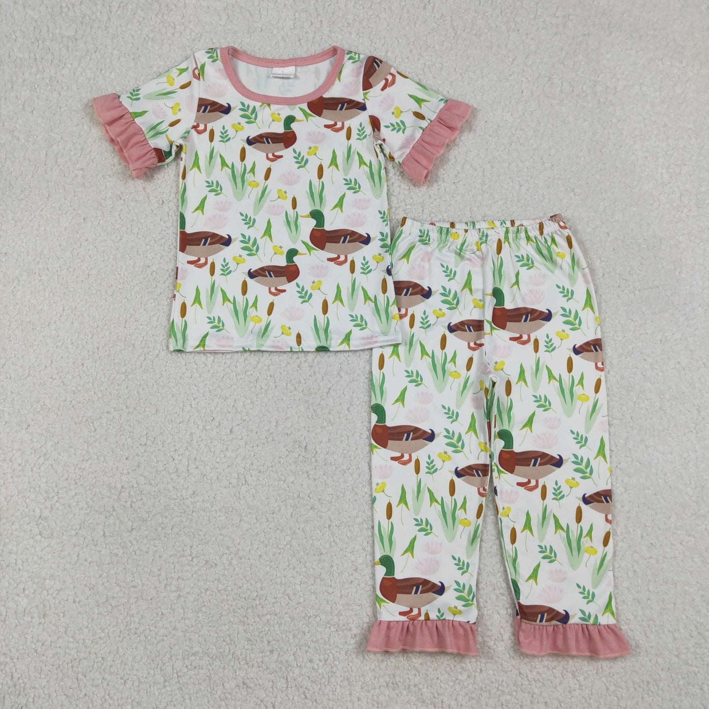 Baby Girls Kids Short Sleeves Ducks Flower Shirt Pants Pajamas Set