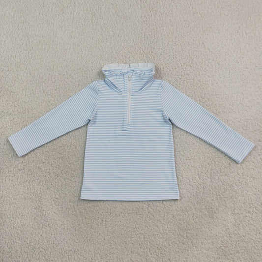 Baby Girls Kids Long Sleeves Blue Stripes Zipper Pullover Shirt Clothes